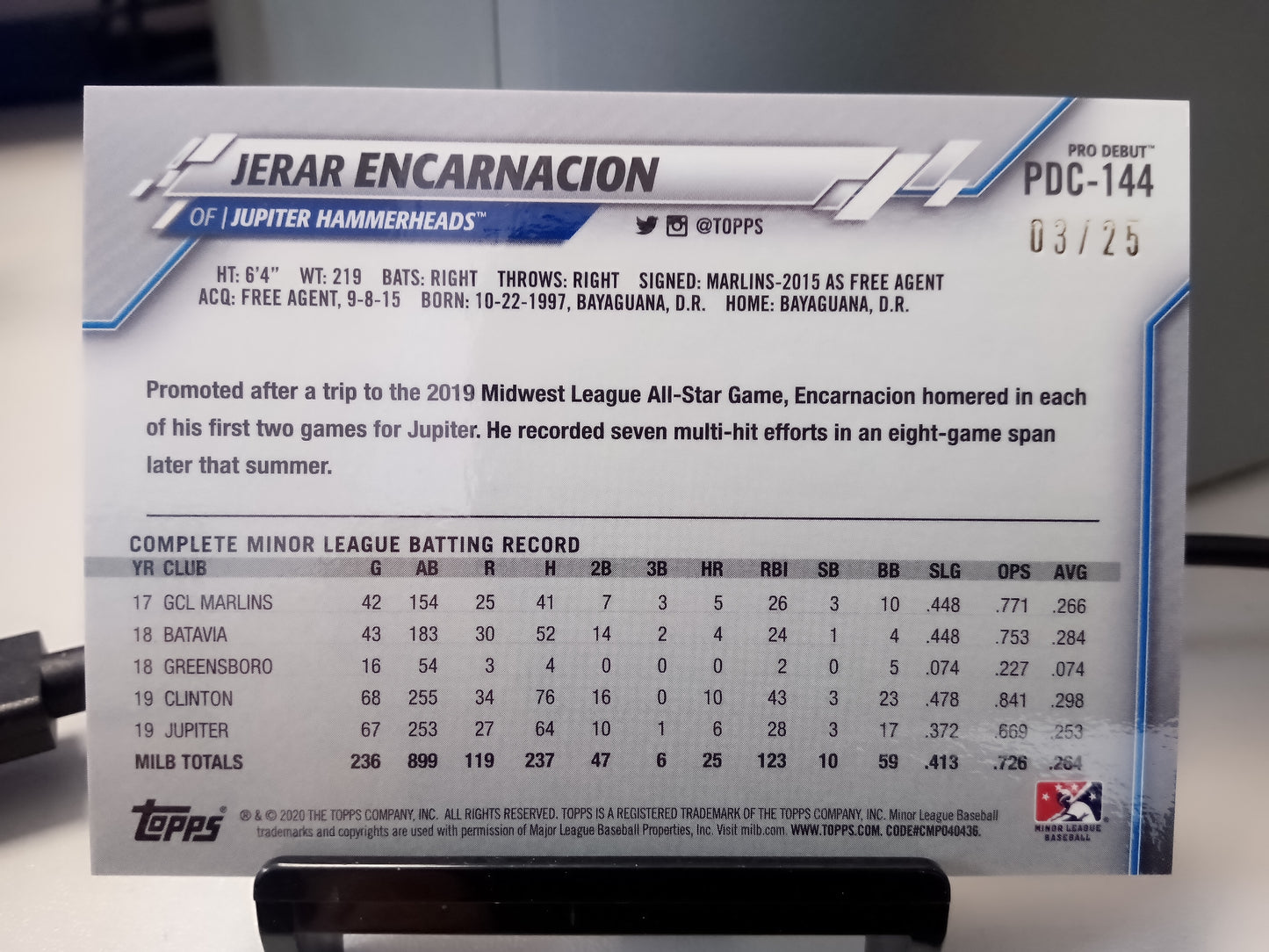 2020 Topps Pro Debut Chrome * Jerar Encarnacion * #03/25 Orange Refractor # PDC-144