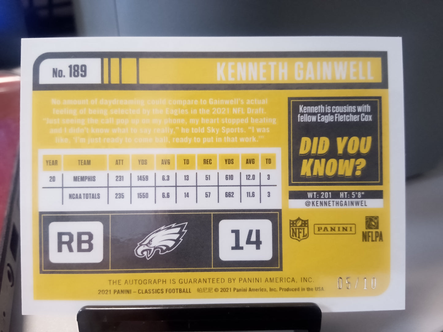 2021 Panini Classics * Kenneth Gainwell * #05/10 RC Auto #189 - $25 OFF