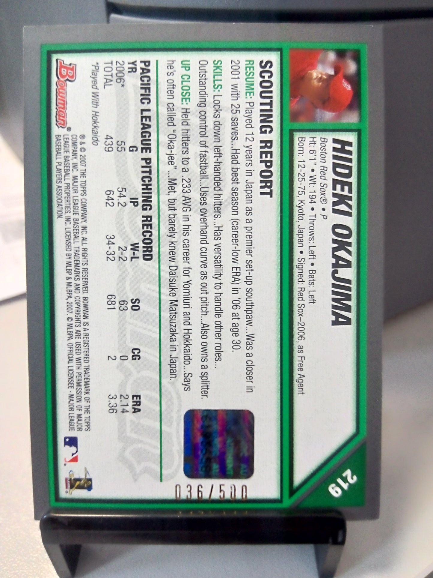 2007 Bowman * Hideki Okajima * #036/500 Rookie Card Japanese Auto #219