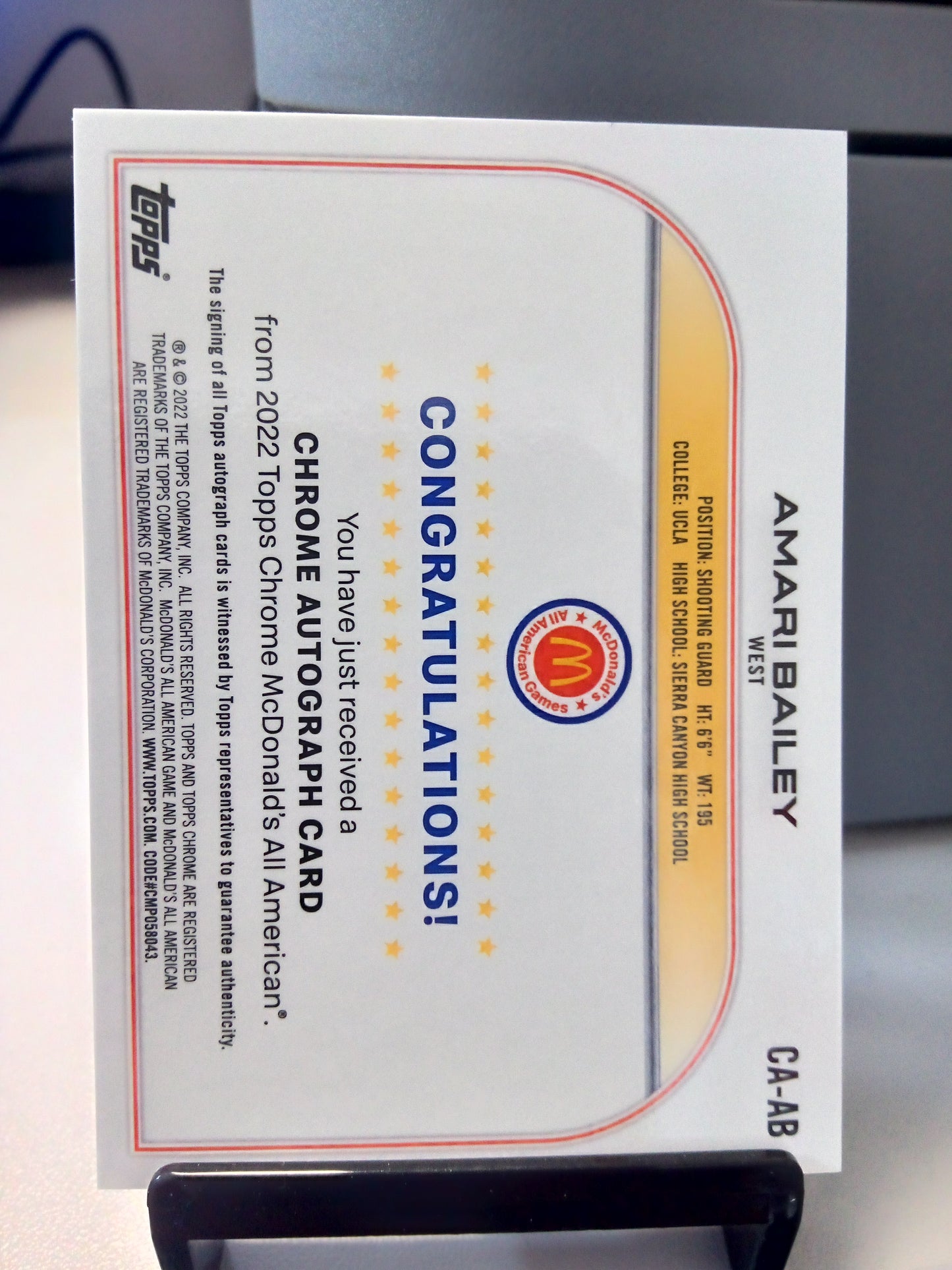 2022 Topps Chrome * Amari Bailey * McDonald’s All American Refractor Auto #CA-AB