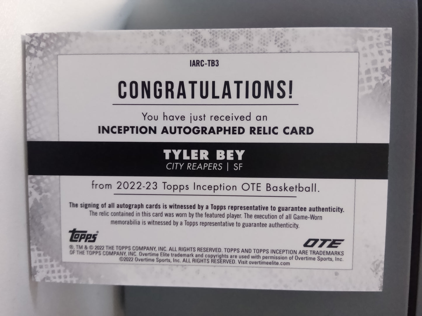 2022-23 Topps OTE Inception * Tyler Bey * #1/5 Relic Auto #IARC-TB3
