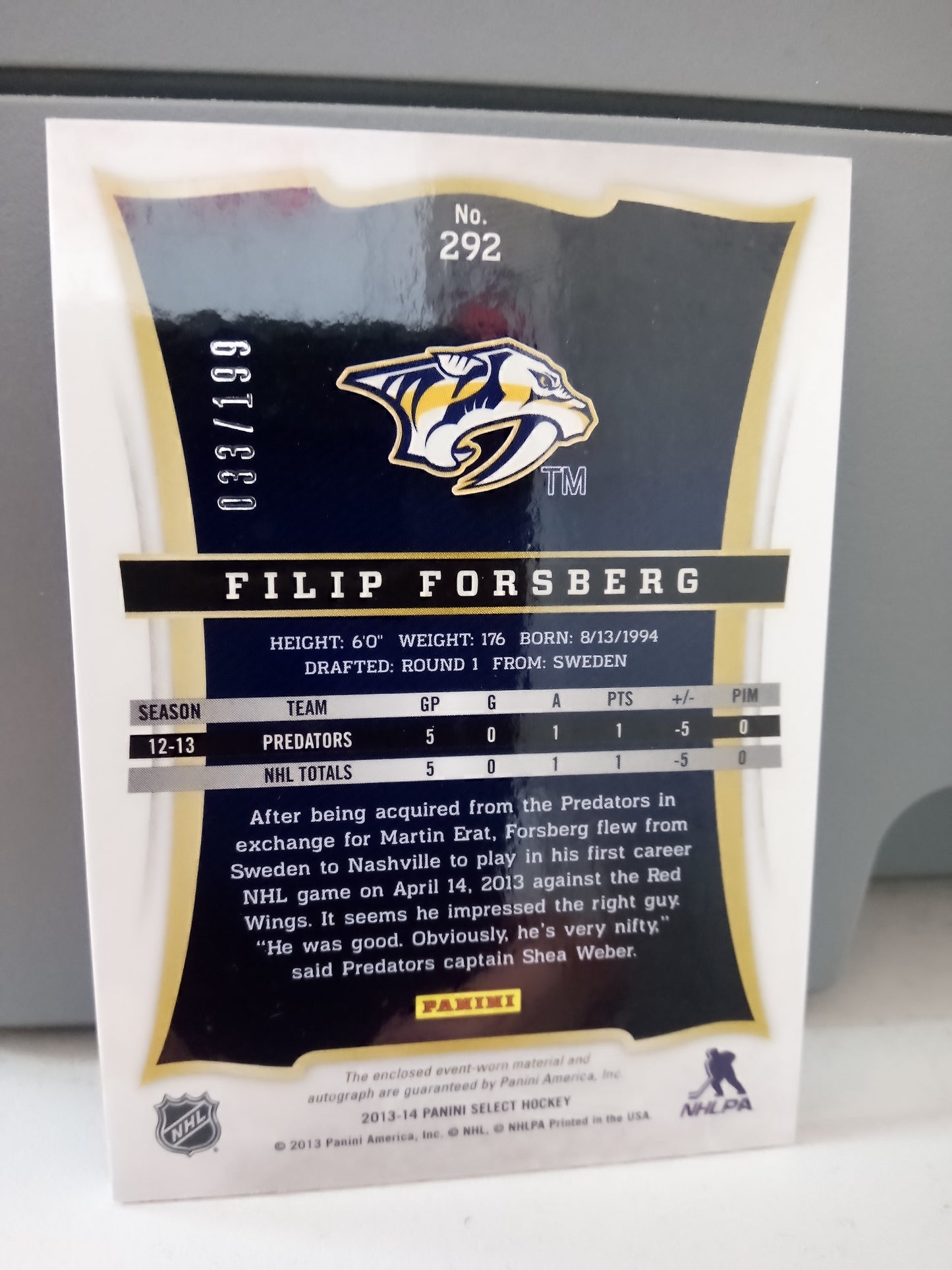 2013-14 Panini Select * Filip Forsberg * #033-199 RC Jersey Auto #292