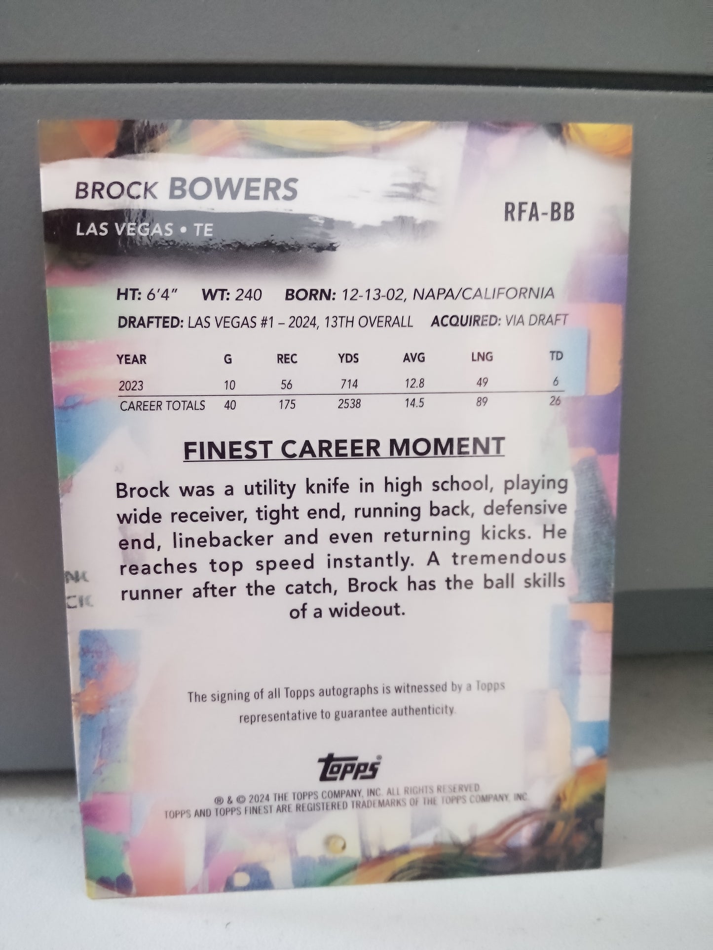 2024 Topps Finest * Brock Bowers * RC Auto #RFA-BB