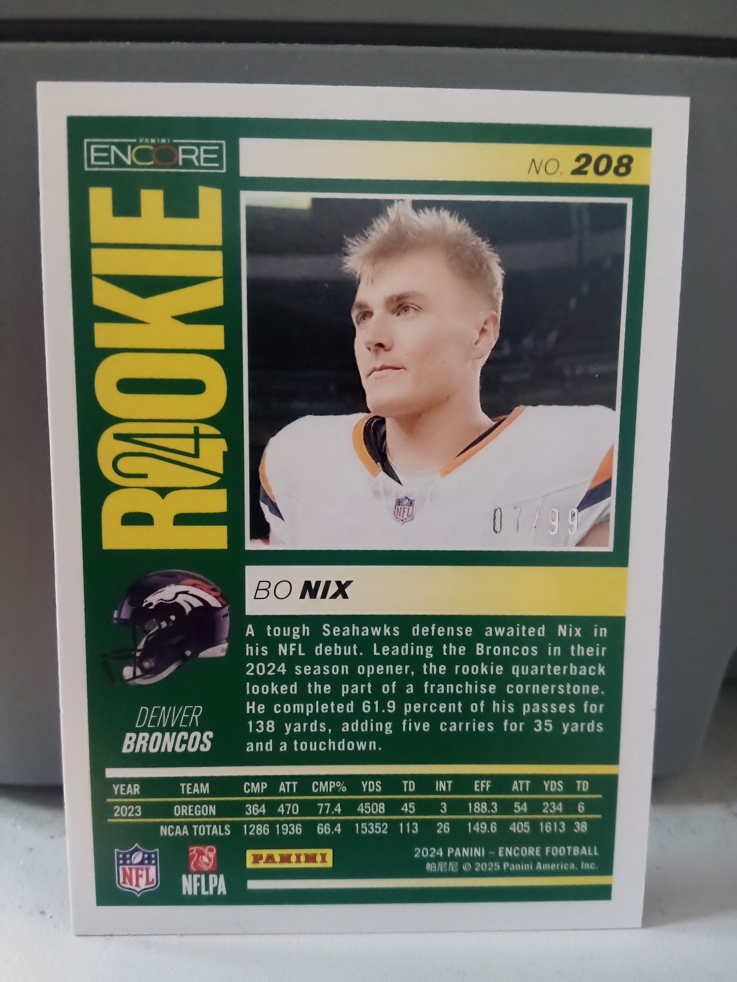 2024 Panini Encore * Bo Nix * #07/99 Pinnacle Orange RC #208