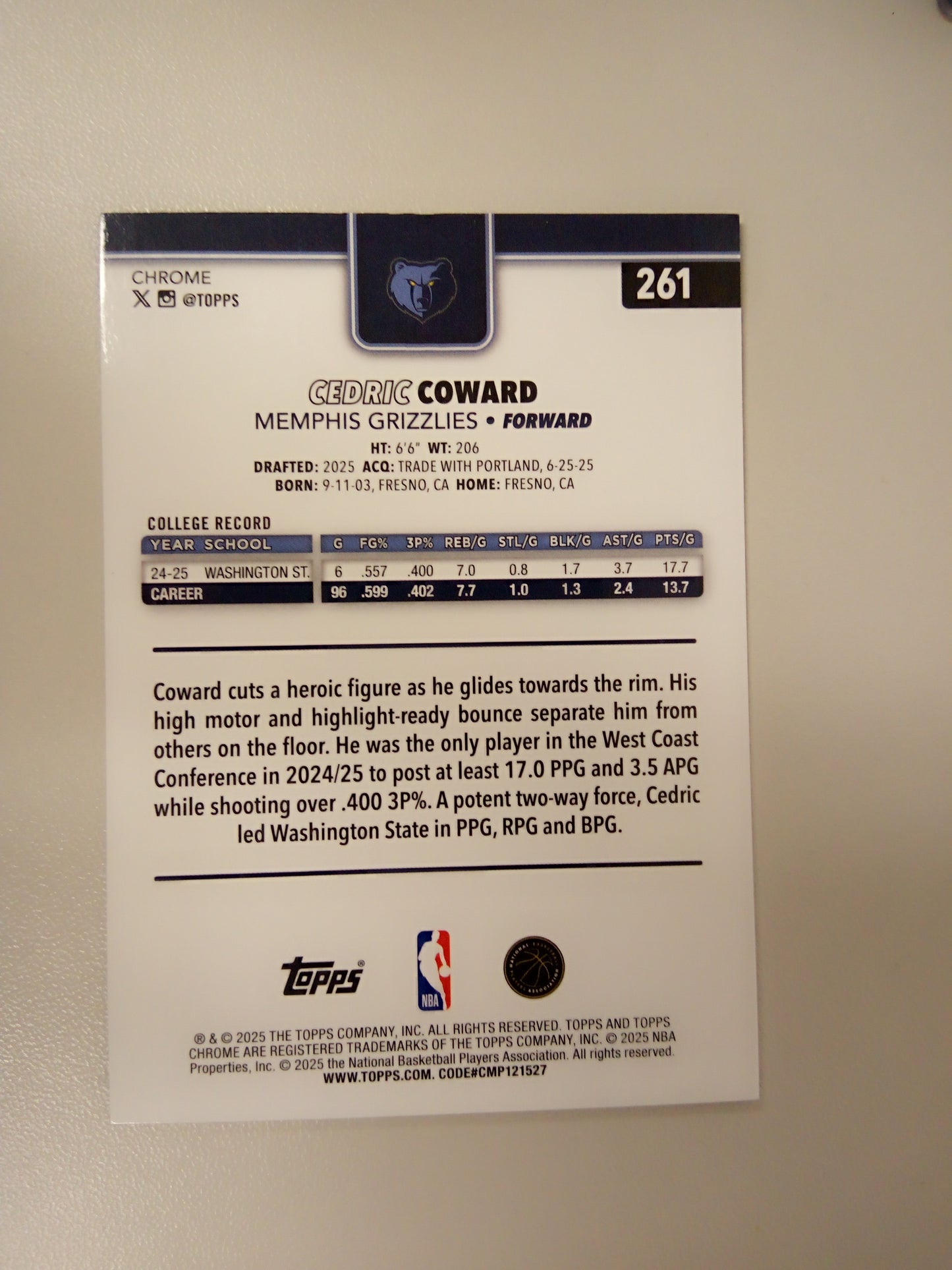 2025-26 Topps Chrome * Cedric Coward * #080/150 Blie RC #261