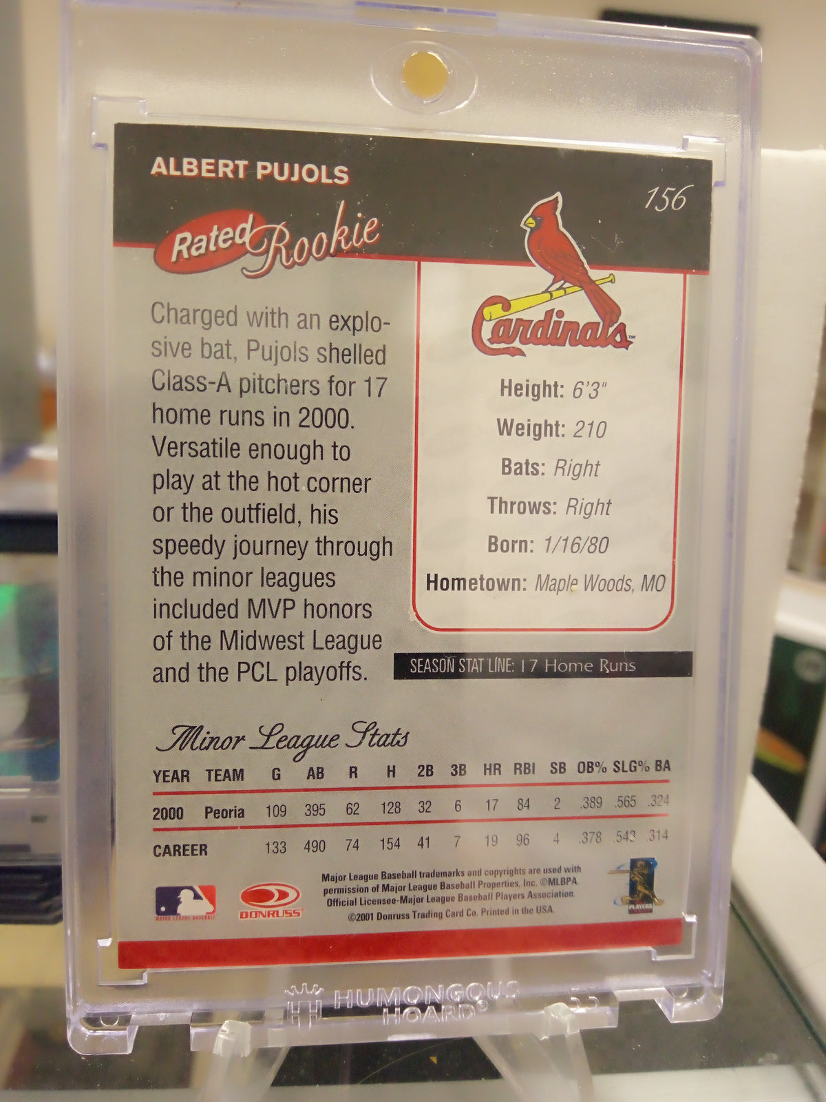 2001 Donruss Rated Rookie * Albert Pujols * Season Stat Line SSP Auto #156