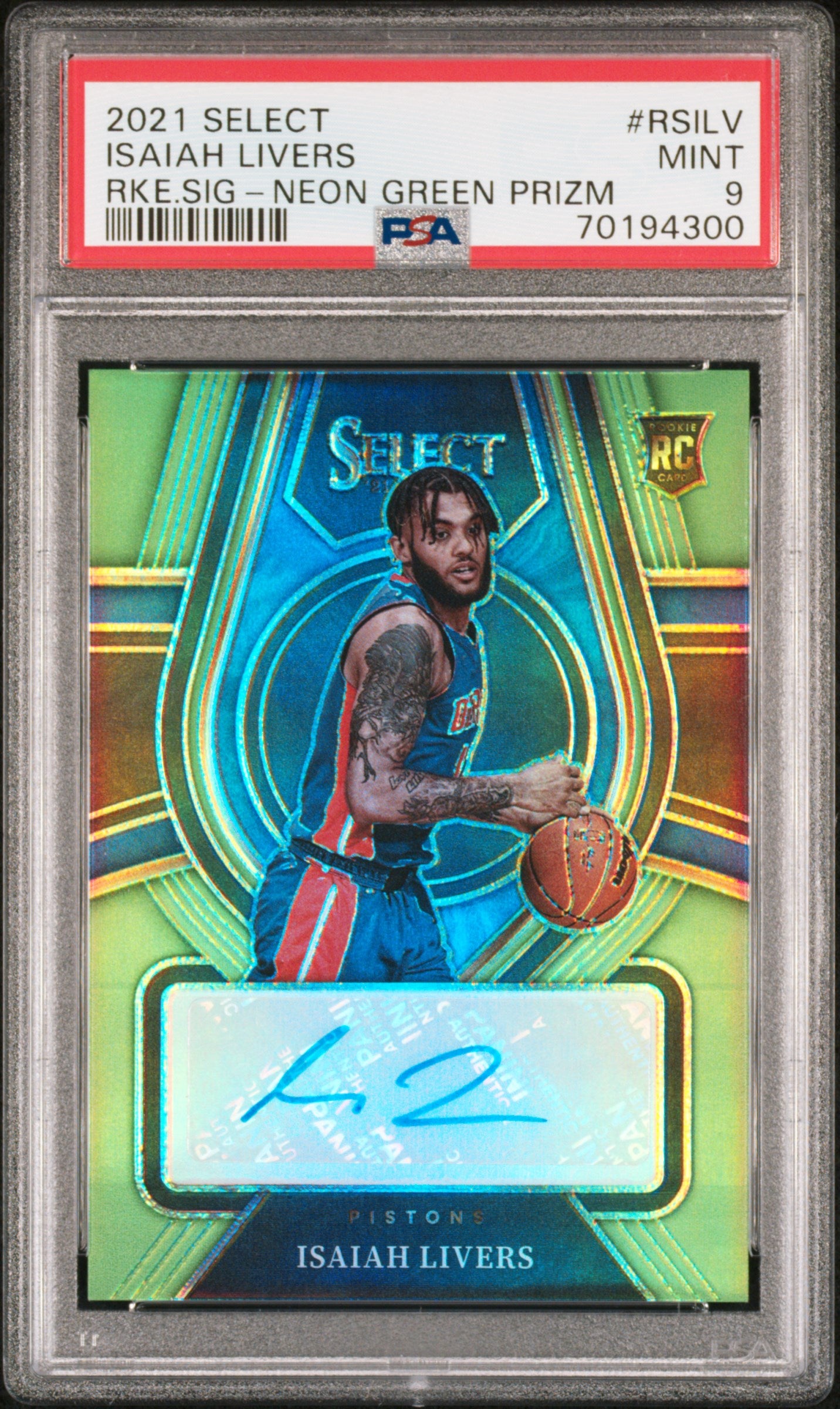 2021-22 Panini Select * Isaiah Livers * #84/99 Neon Green Auto RC #RSILV PSA 9