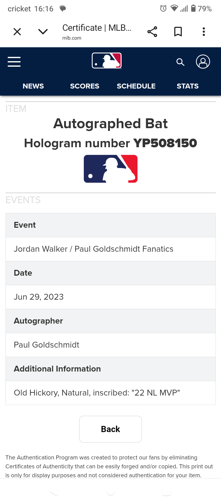 Paul Goldschmidt Signed Baseball Bat * MLB/Fanatics