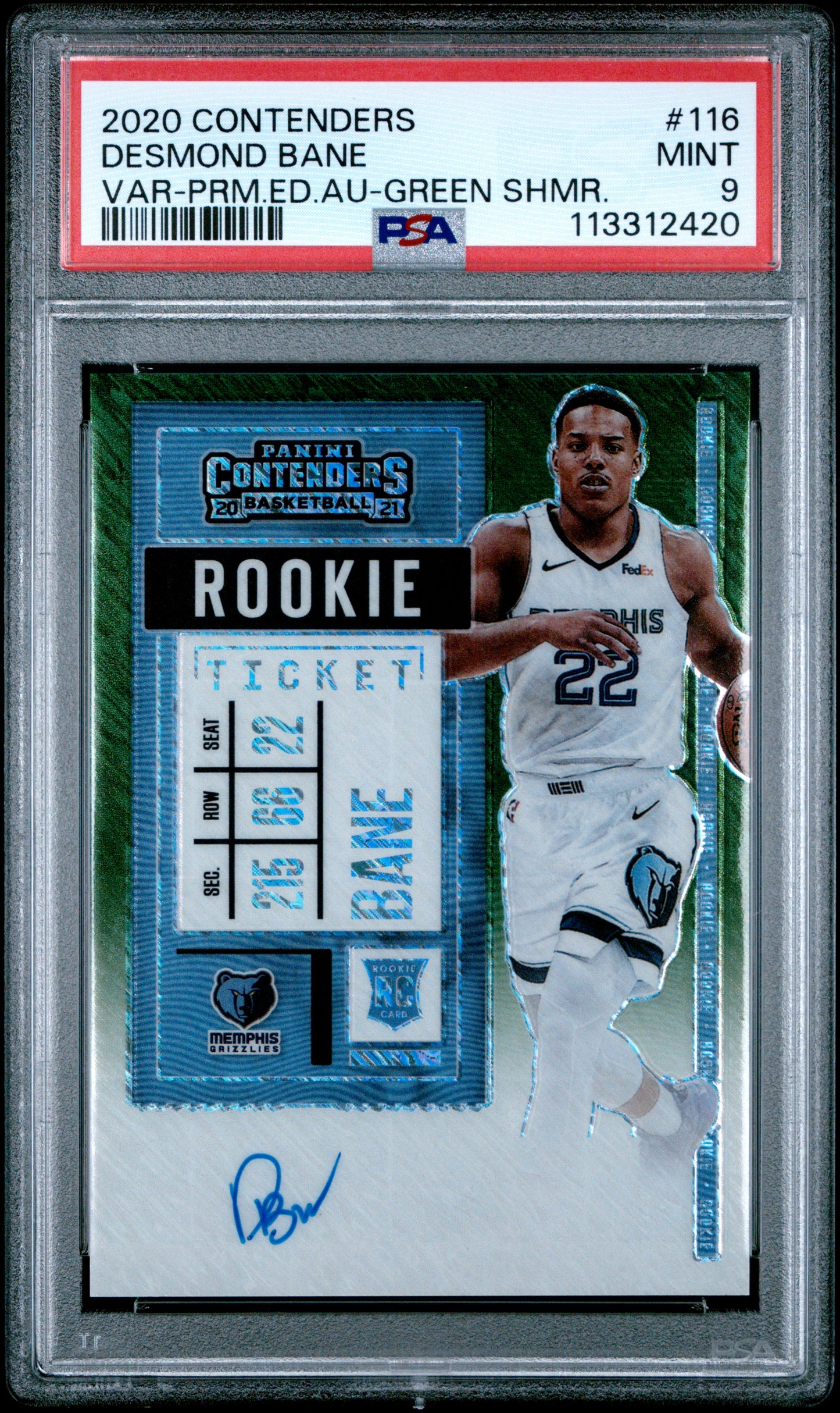 2020-21 Panini Contenders * Desmond Bane * Green Shimmer Variation Auto #116 * PSA