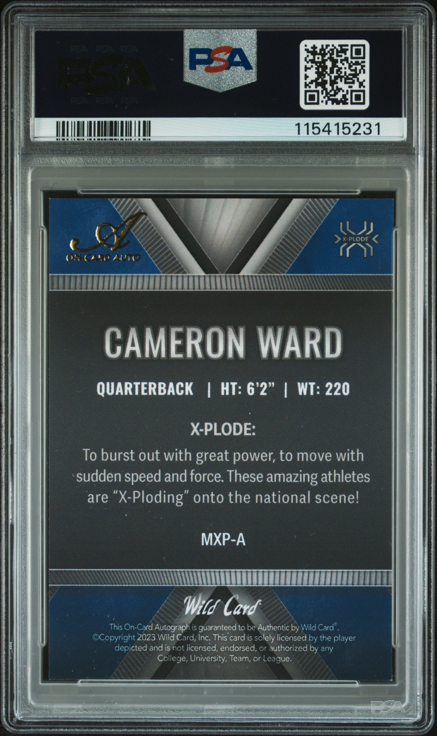 2023 Wild Card * Cam Ward * #2/10 Blue Auto #MXP-A * PSA