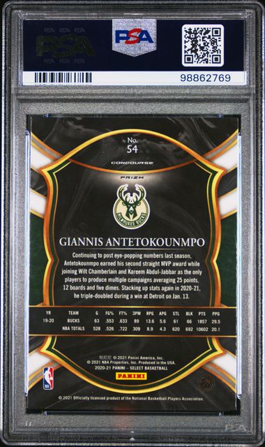 2020 Panini Select * Giannis Antetokounmpo * Red/White/Orange Shimmer #54 * PSA 9