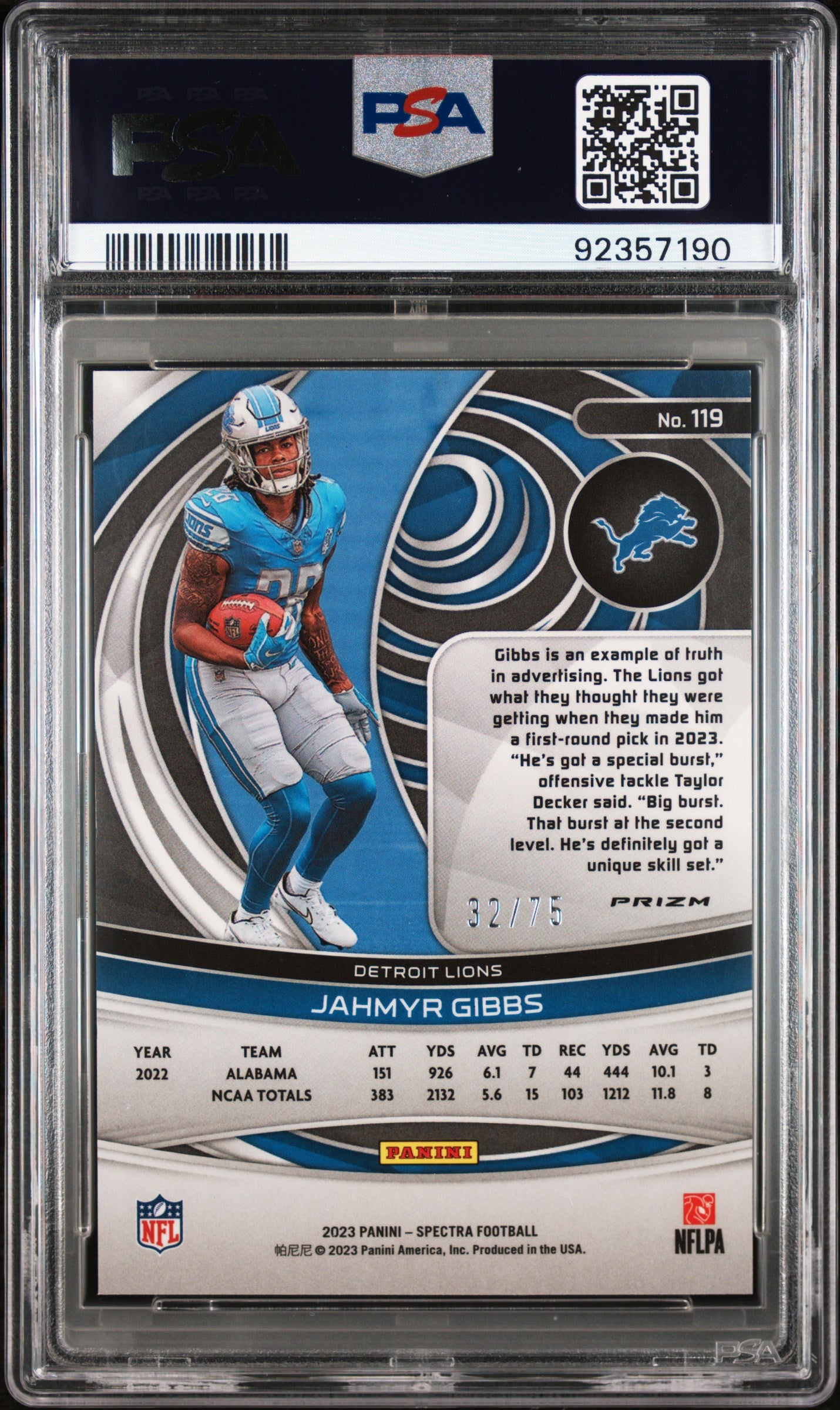 2023 Panini Spectra * Jahmyr Gibbs * #32/75 Hyper RC #119 * PSA
