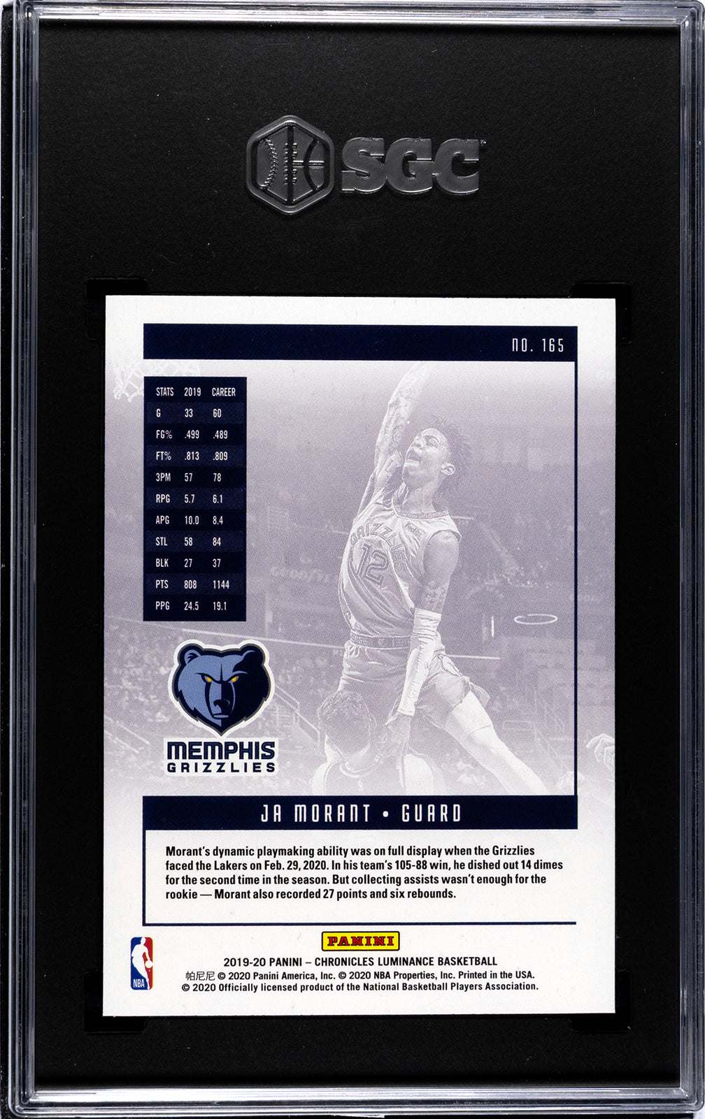 2019-20 Panini Chronicles Luminance * Ja Morant * RC #165 * SGC 10