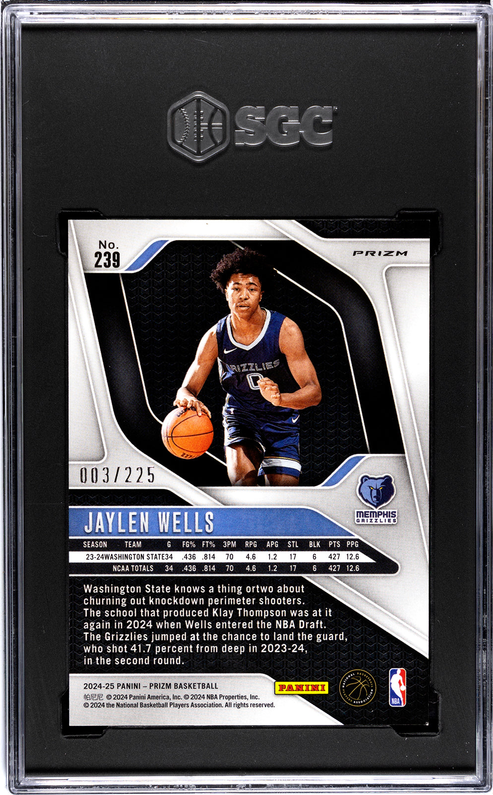 2024-25 Panini Prizm * Jaylen Wells * #003/225 Teal Ice Prizm RC #239 * SGC
