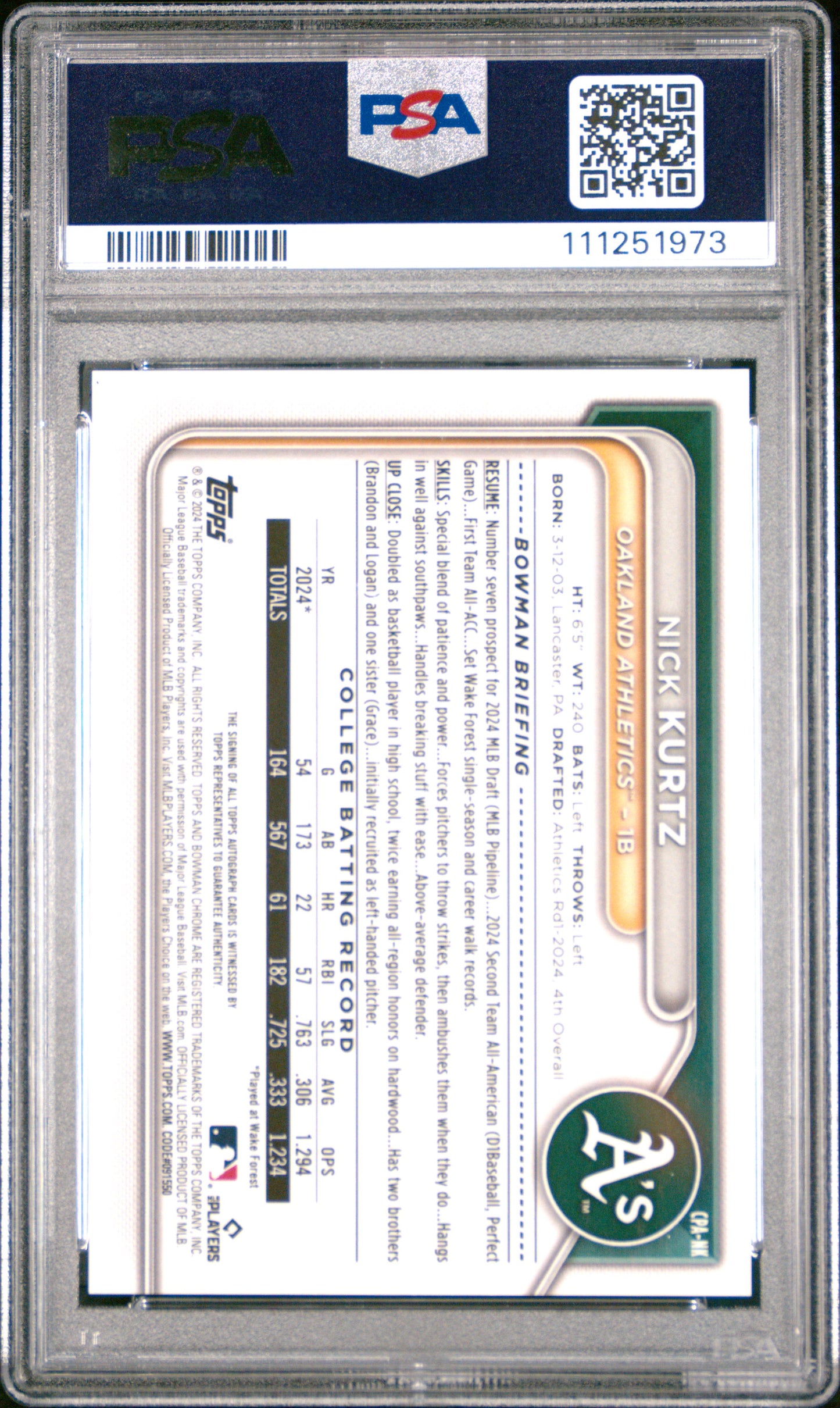 2024 Bowman Draft * Nick Kurtz * Chrome Prospect Auto #CPA-NK