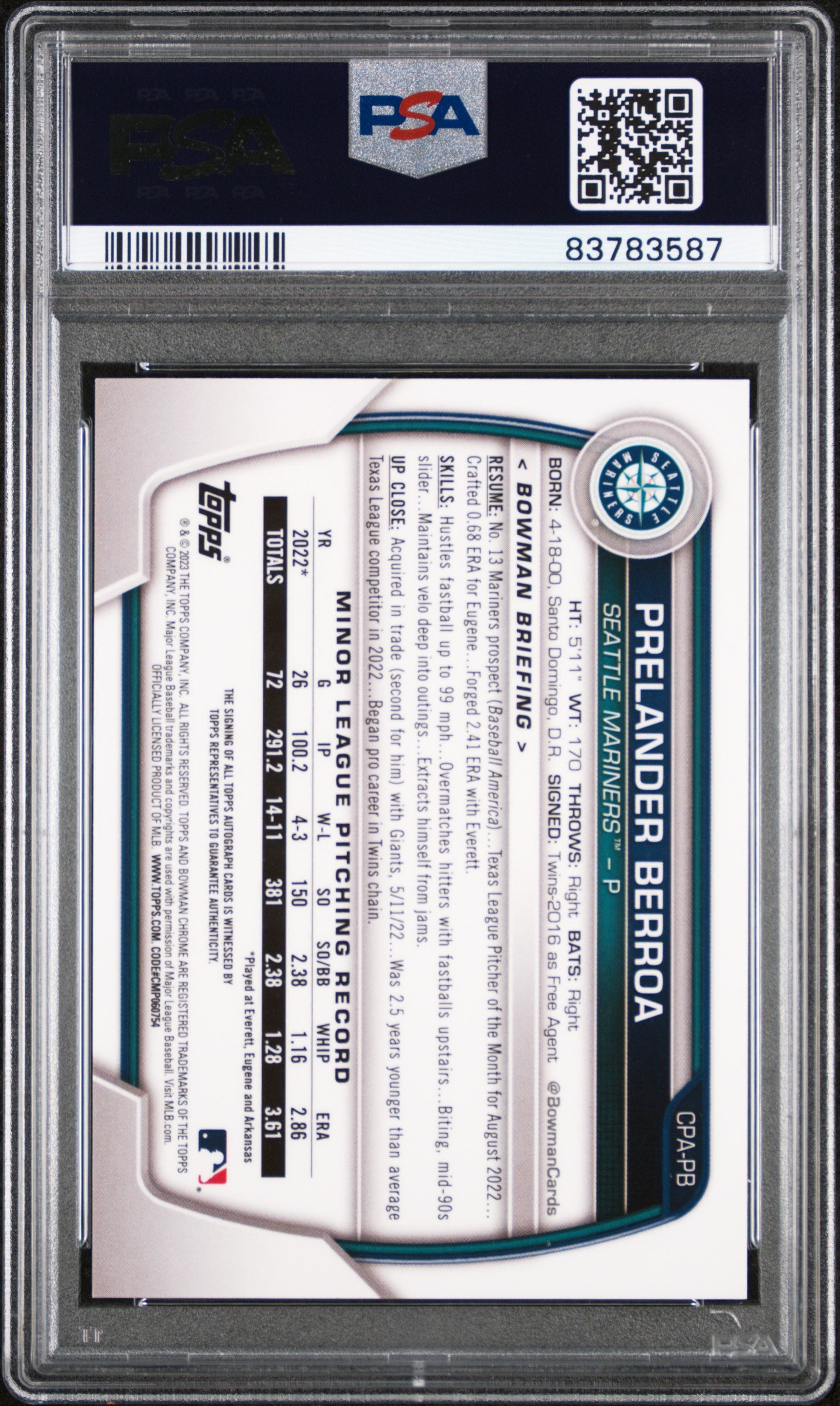 2023 Bowman * Prelander Berroa * 1st Chrome Auto #CPA-PB * PSA 9