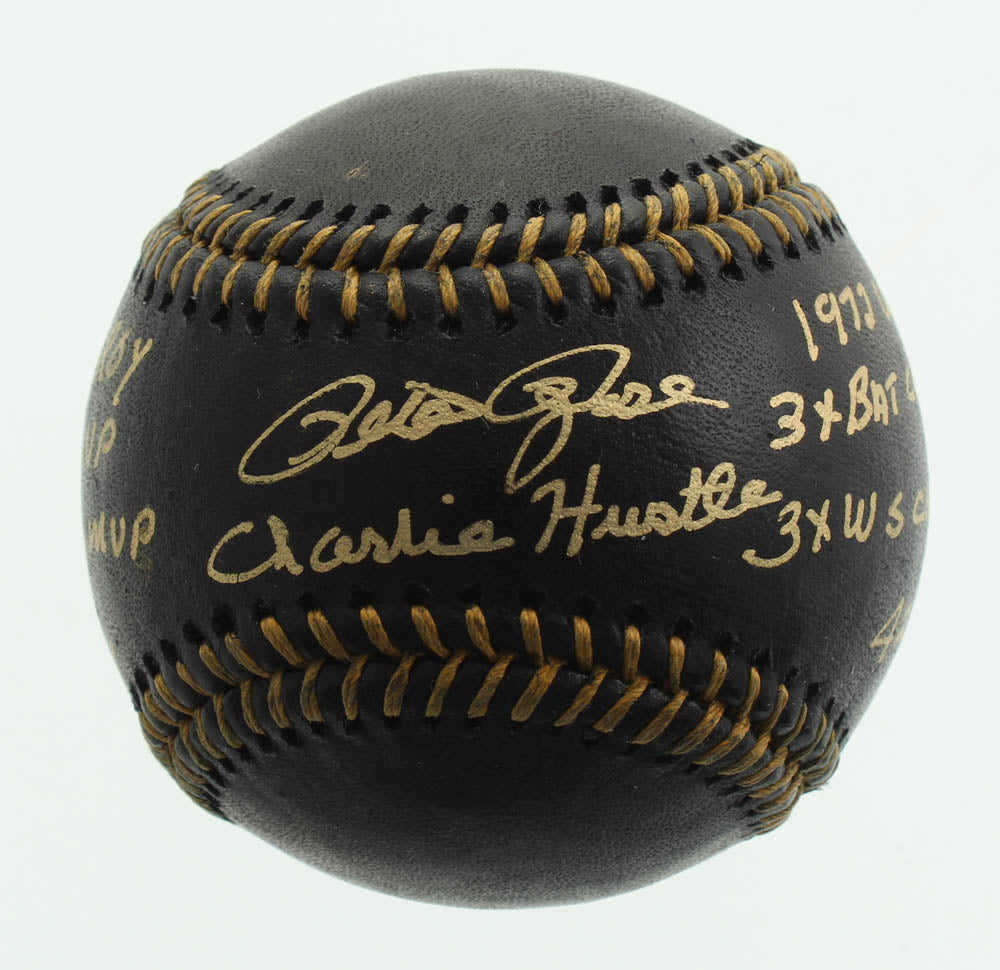 Pete Rose Signed OML Black Leather Baseball * 9 Inscriptions * Fiterman