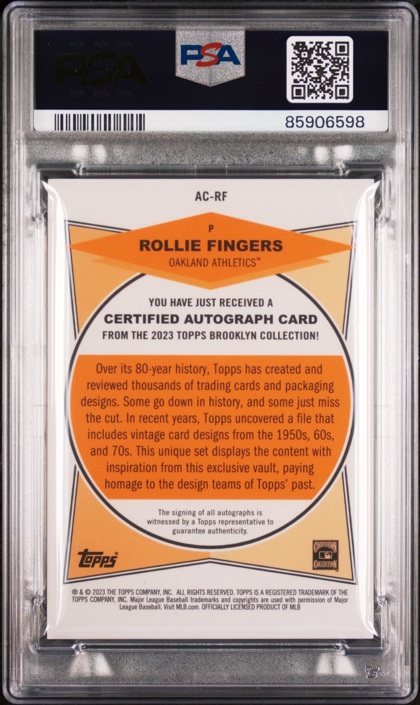 2023 Topps Brooklyn Collection * Rollie Fingers * #14/50 Gold Auto #AC-RF * PSA