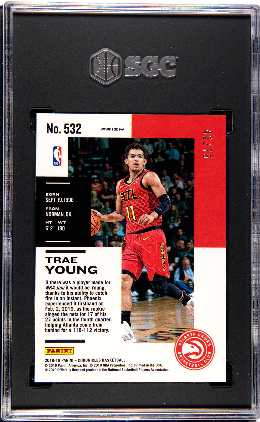 2018-19 Panini Chronicles * Trae Young * #42/75 Pink Opti-chrome RC #532 * SGC 10
