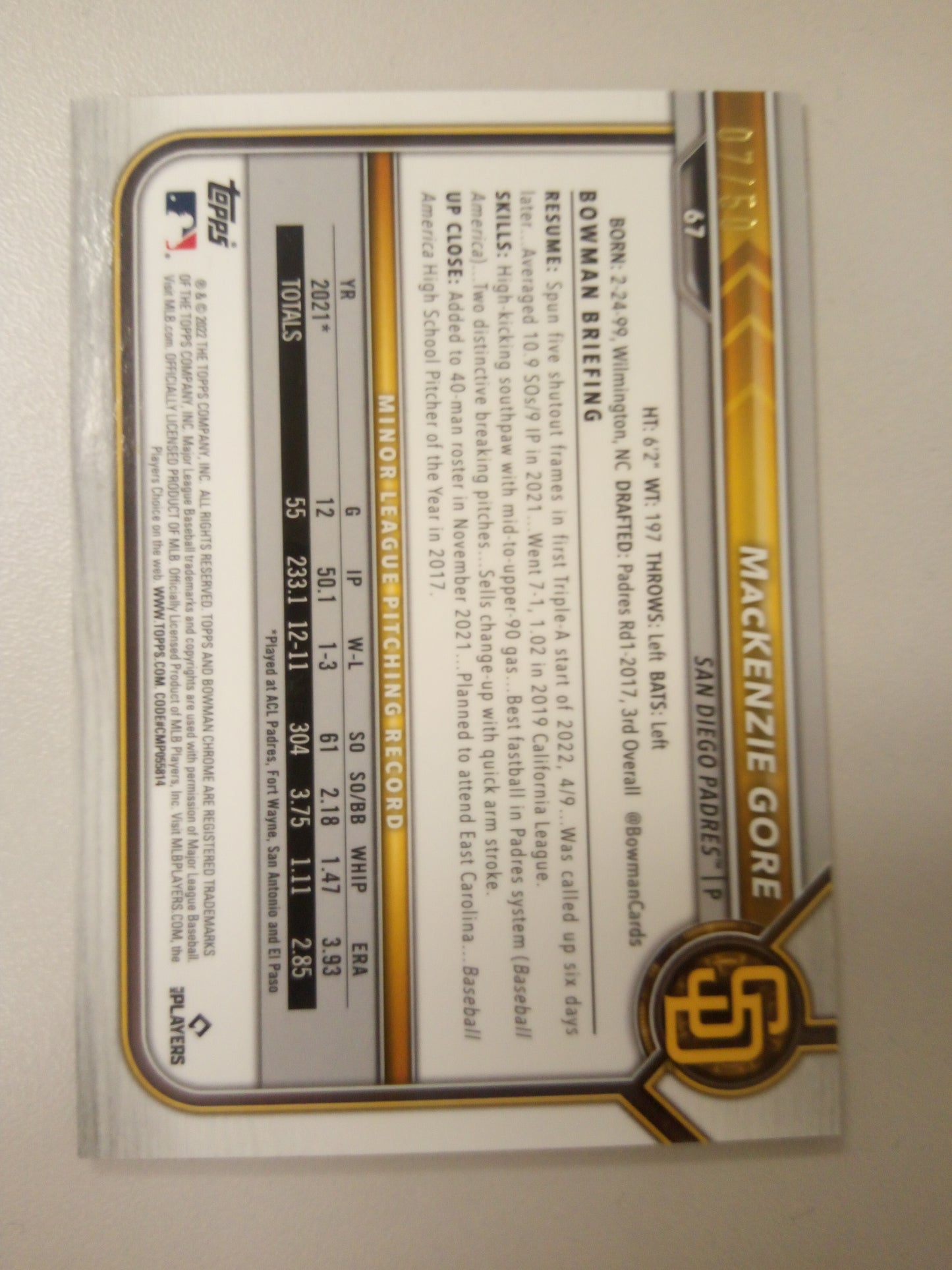 2022 Bowman Chrome * MacKenzie Gore * #07/50 Gold RC #67