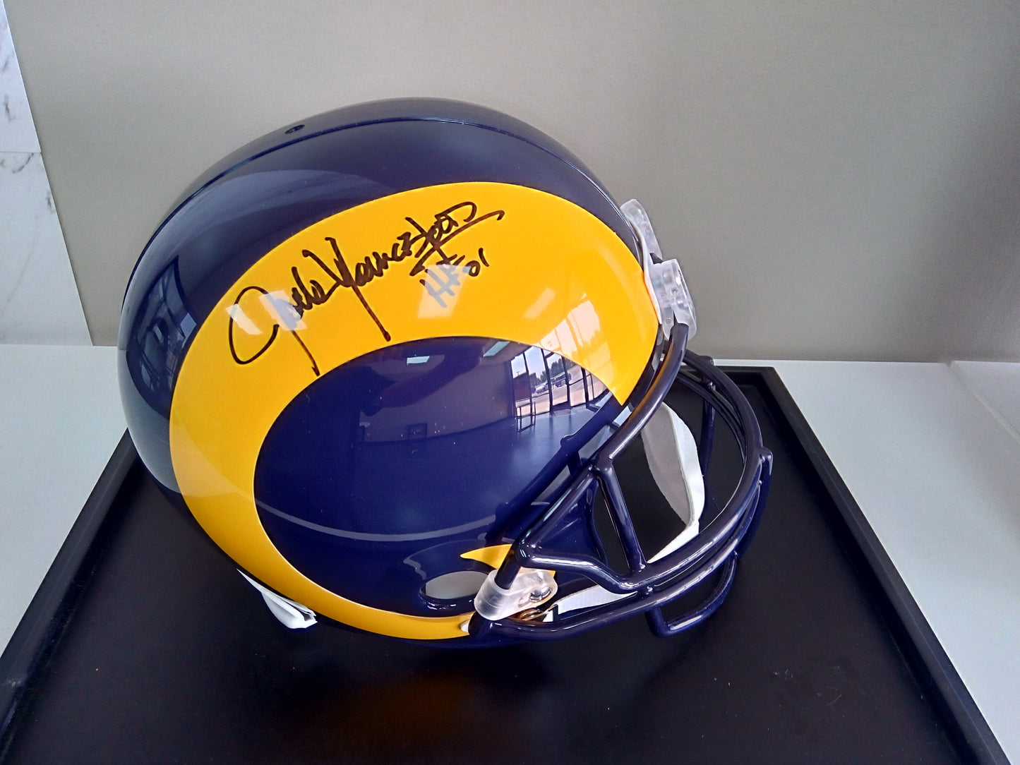 Jack Youngblood Signed Full Size Rams Throwback Helmet In Display