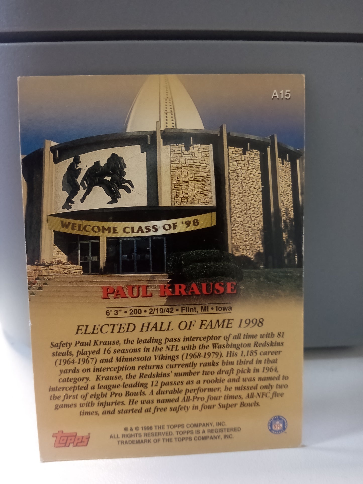 1998 Topps Certified Auto Issue * Paul Krause * #A15 Auto HOF