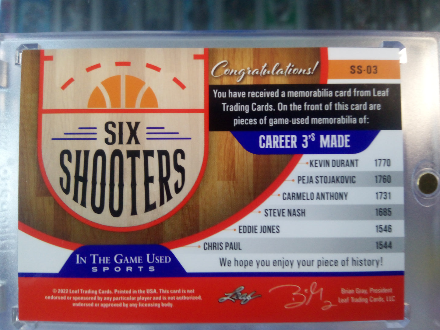 2022 Leaf In The Game * Six Shooters * #6/45 Game Used Jersey #SS-03