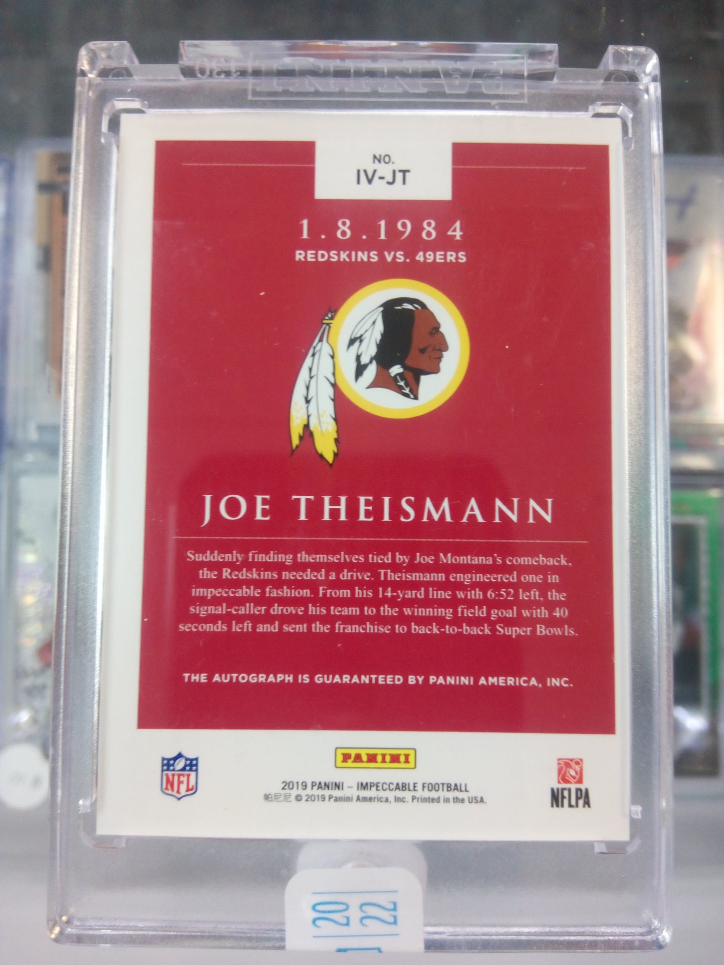 2022 Panini Honors * Joe Theismann * #1/1 Impeccable Auto #IV-JT