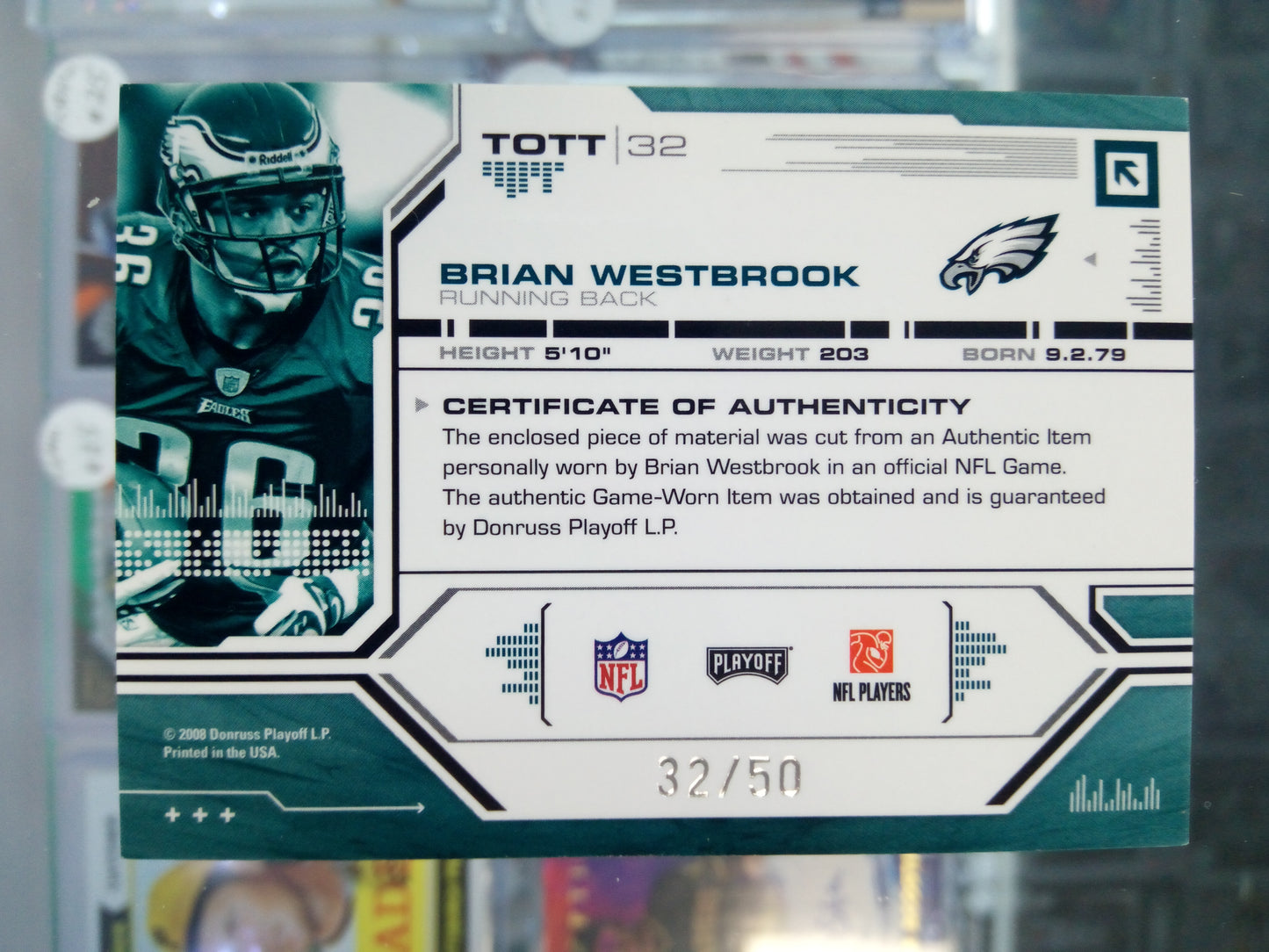 2008 Playoff Absolute * Brian Westbrook * #32/50 Jumbo Jersey #TOTT32