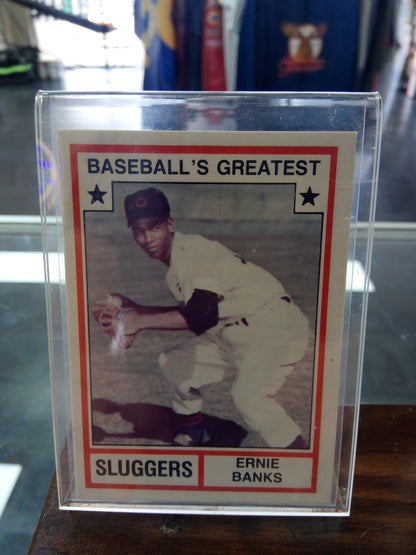 Ernie Banks Signed Baseball / 1982 TCMA Baseball Card in Display