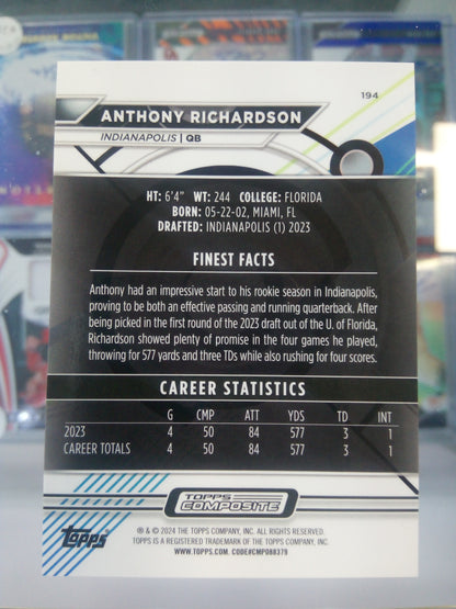 2023 Topps Finest * Anthony Richardson * #125/199 Blue Refractor RC #194