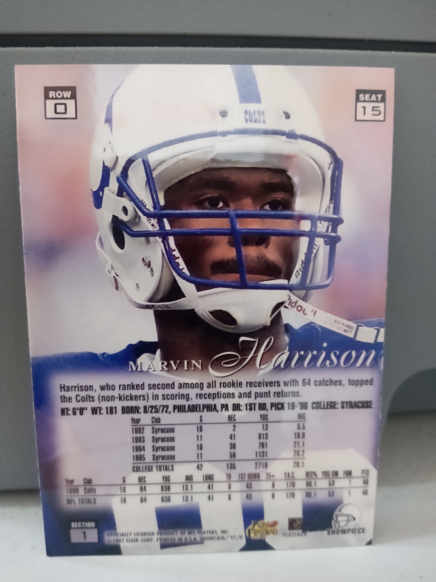 1997 Fleer Flair * Marvin Harrison * Showcase Row 0 Seat #15
