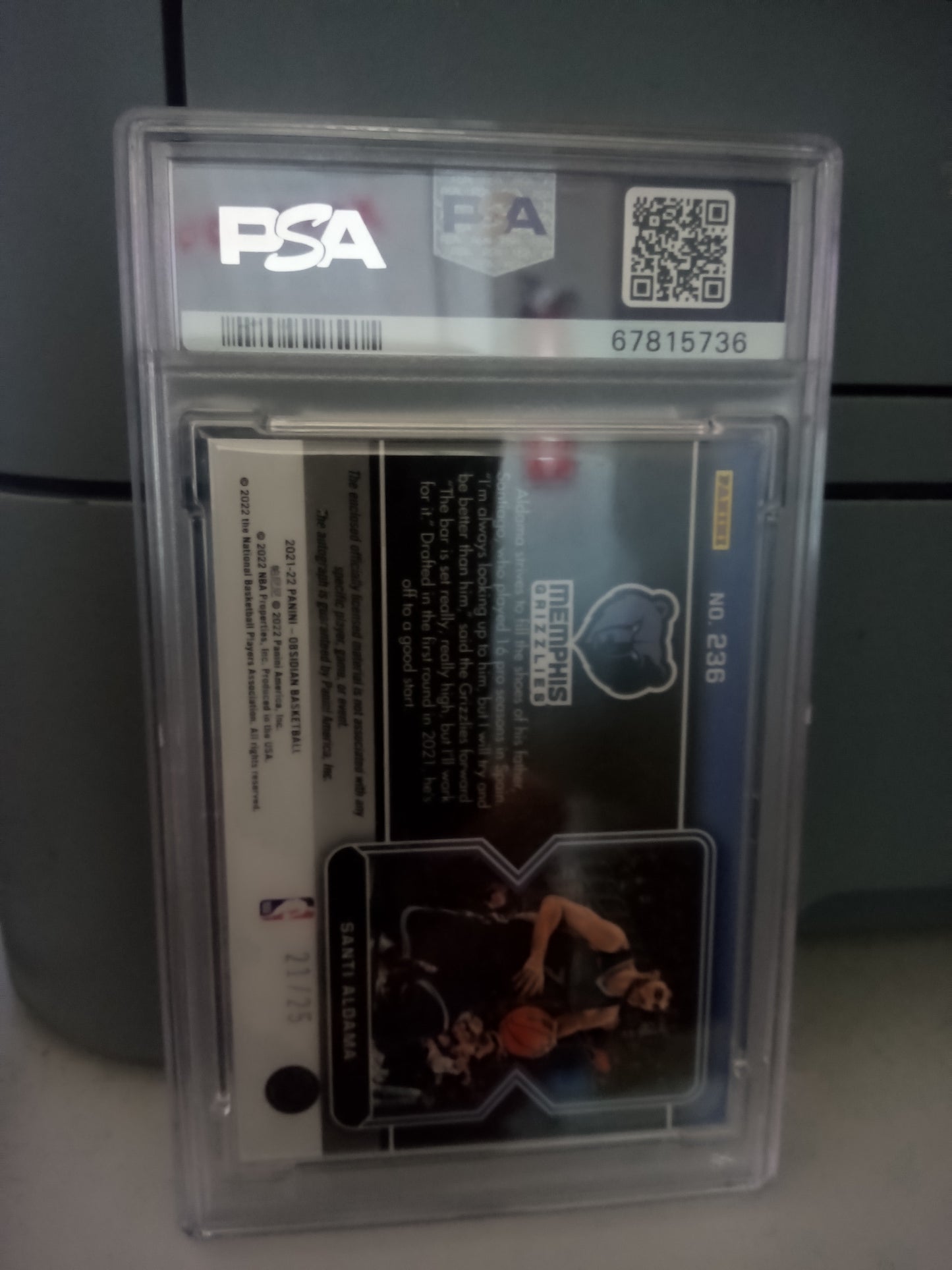 2021-22 Panini Obsidian * Santi Aldama * #21/25 Jersey Auto RC #236 * PSA