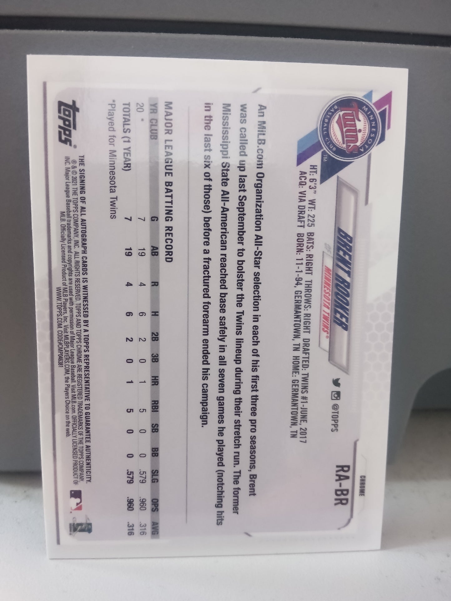 2021 Topps Chrome * Brent Rooker * RC Auto Mini Diamond SP #RA-BR