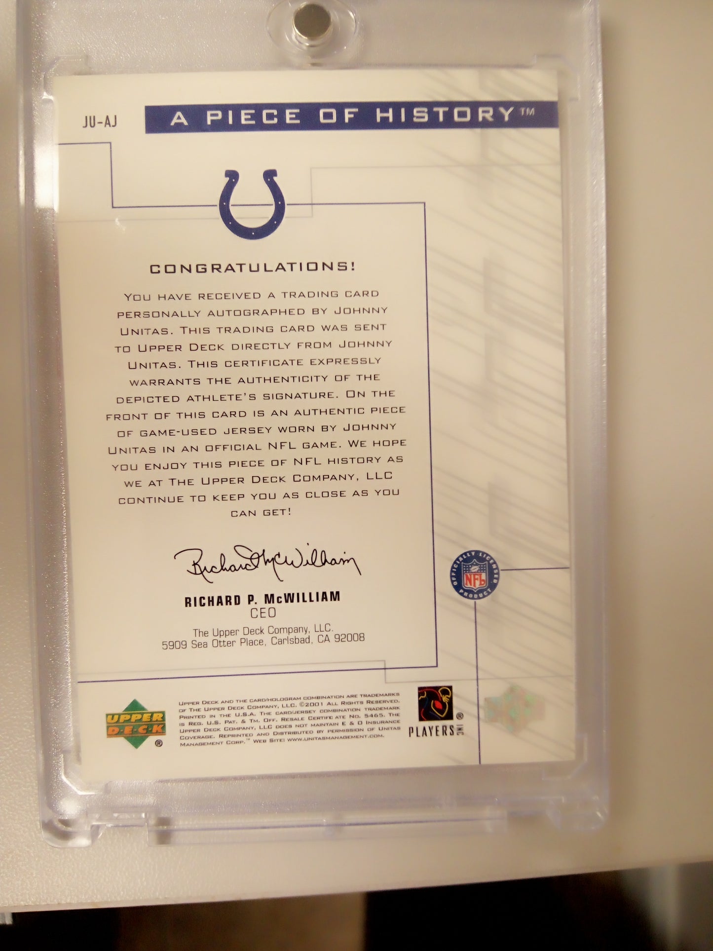2001 Upper Deck * Johnny Unitas * Game Jersey Auto #JU-AJ