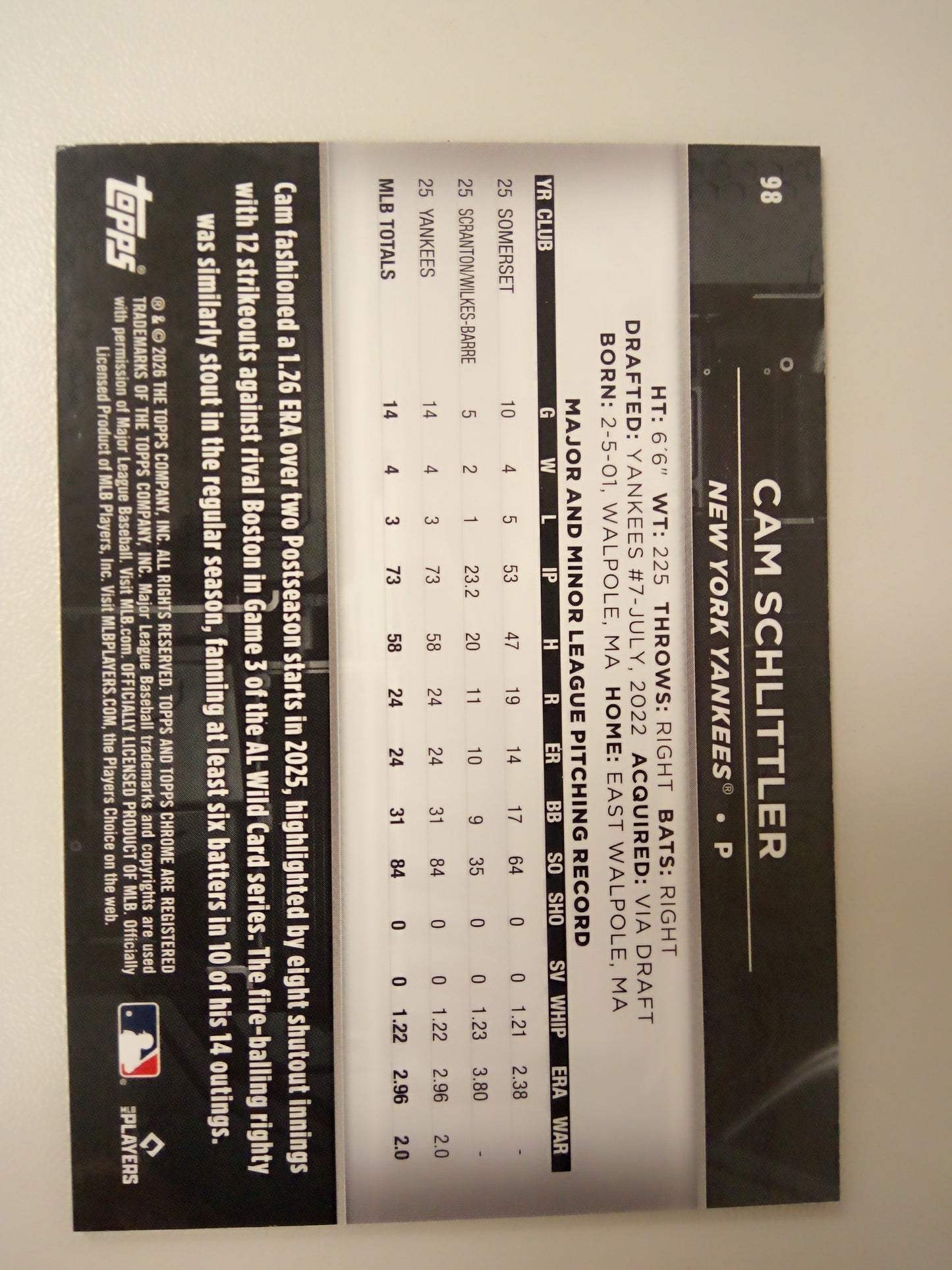 2026 Topps Chrome Black * Cam Schlittler * RC Variation #98