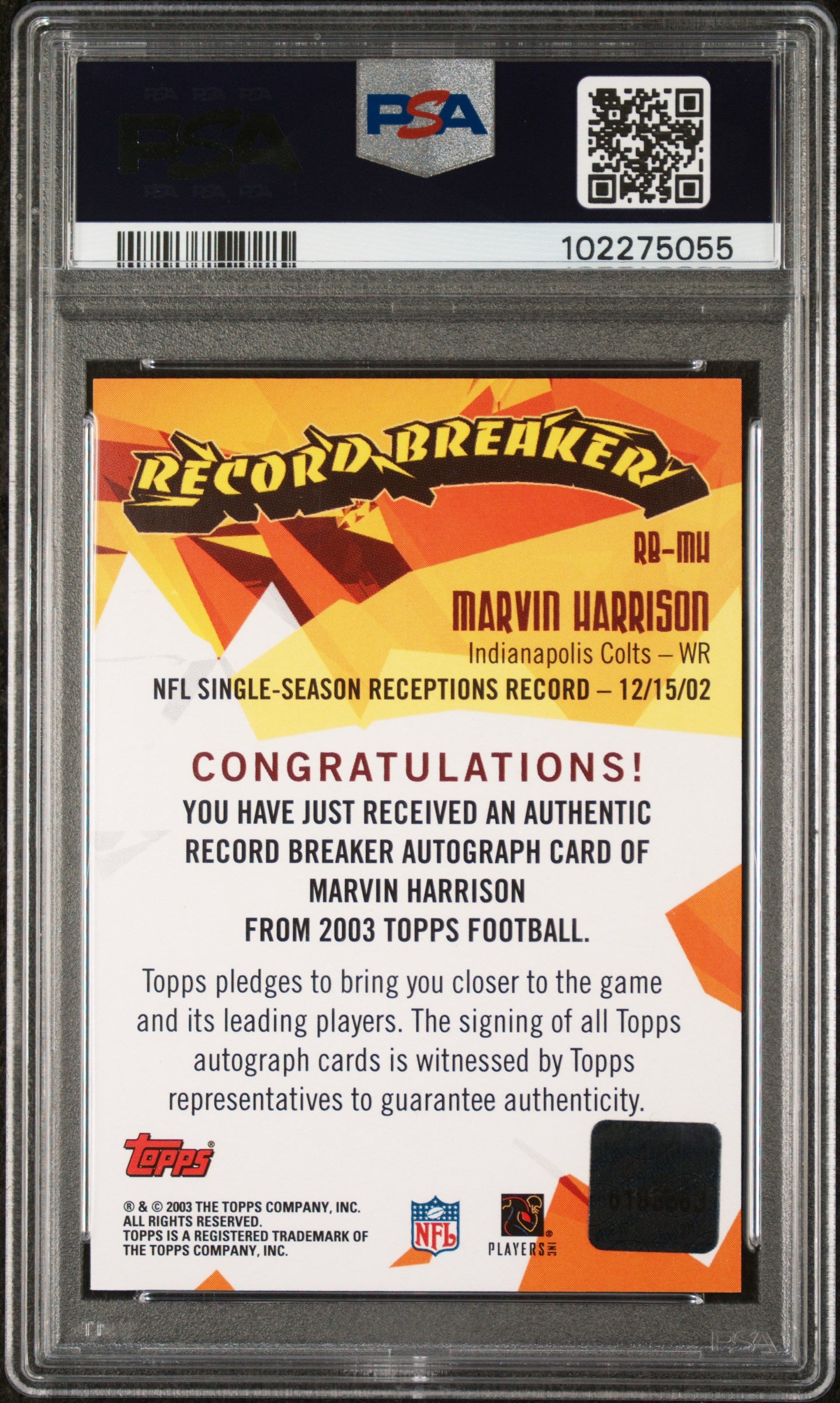 2003 Topps * Marvin Harrison * Record Breaker Auto * PSA