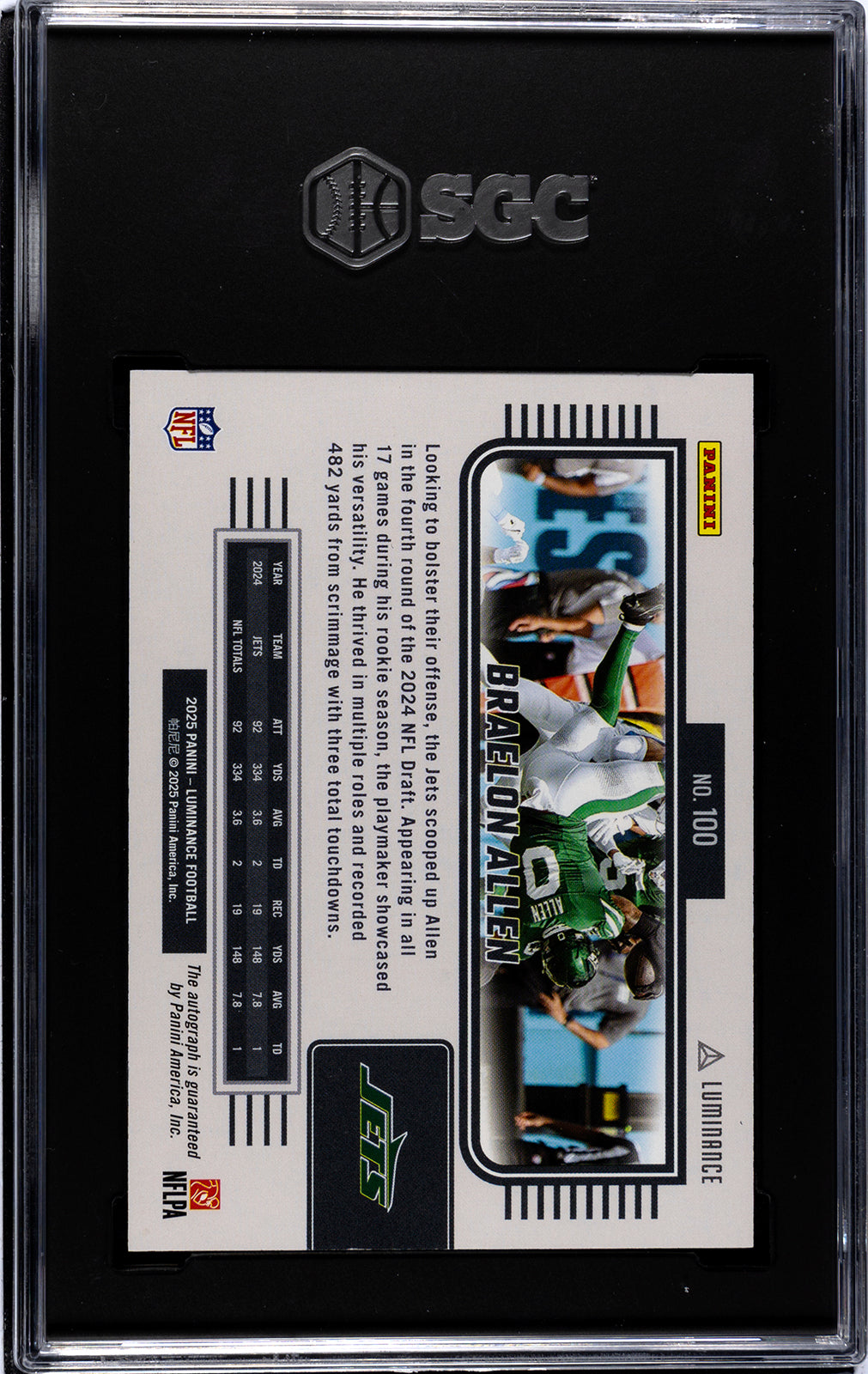 2025 Panini Luminance * Braelon Allen * #09/10 Vivid Auto #100 * SGC 10