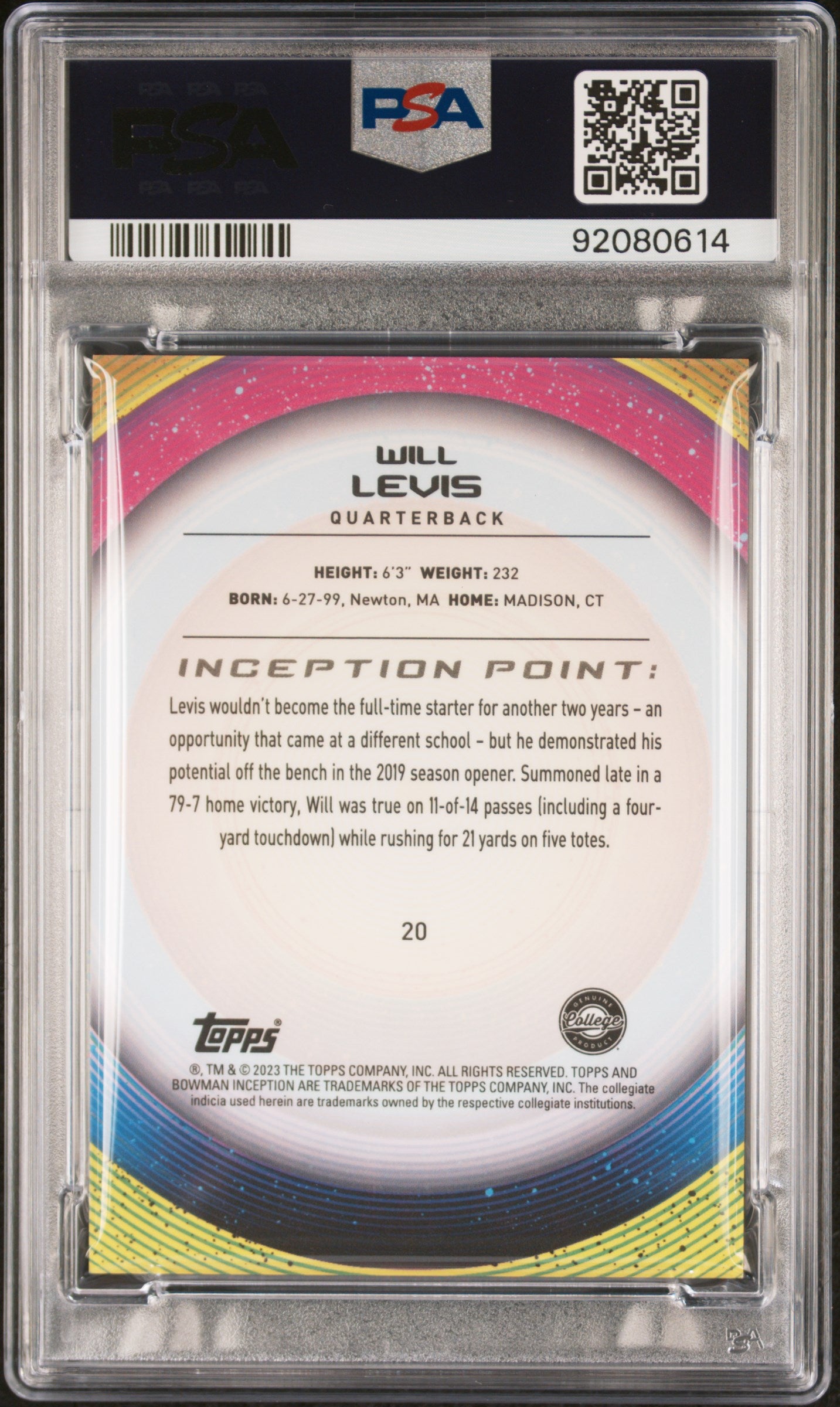 2022 Bowman U Inception * Will Levis * #20 * PSA 10