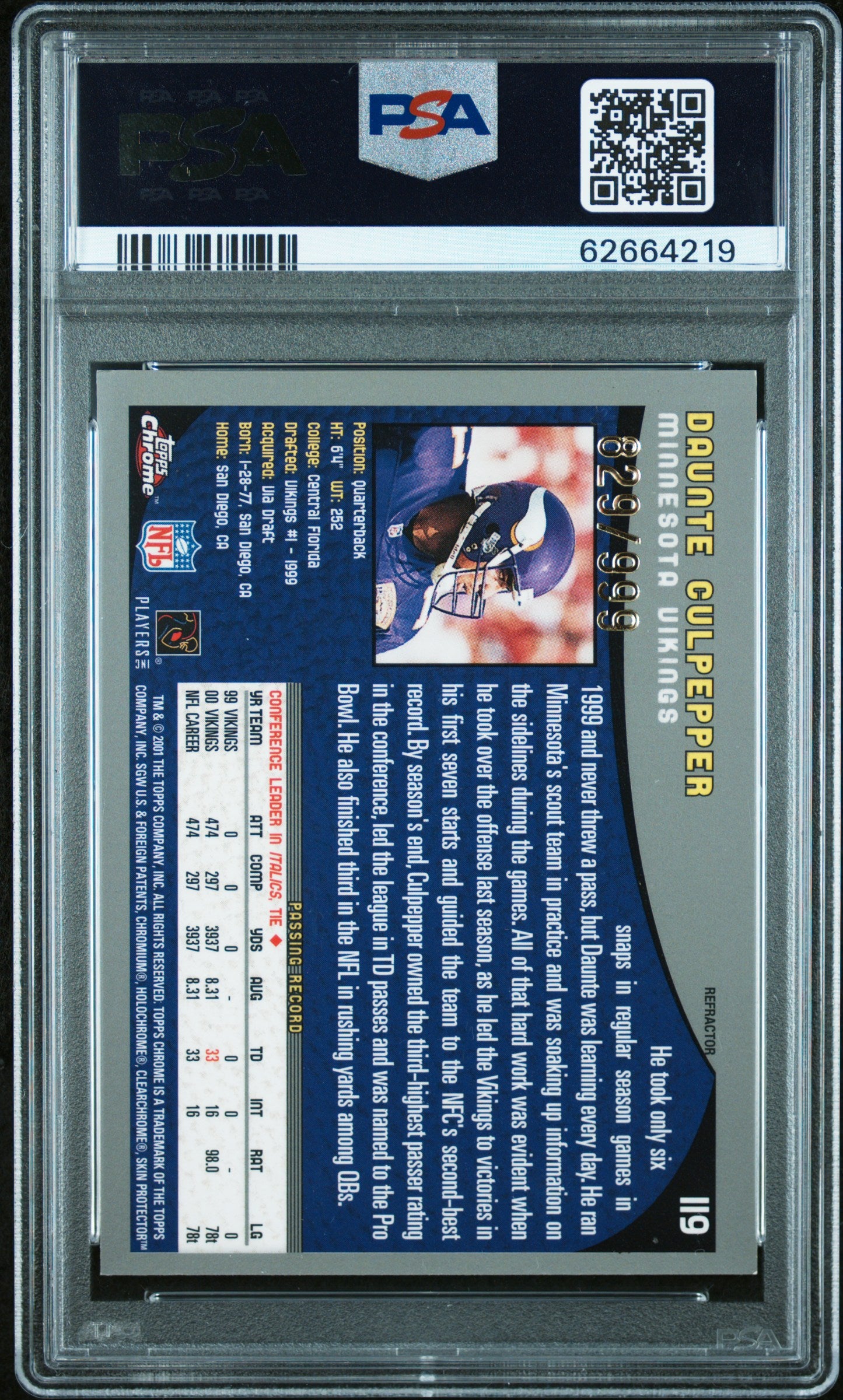 2001 Topps Chrome * Daunte Culpepper * #119 Refractor Auto PSA