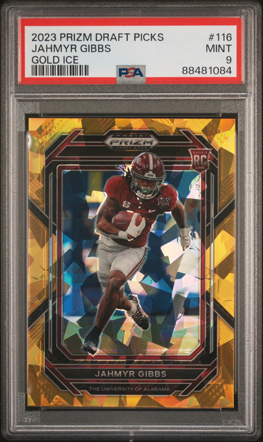 2023 Panini Prizm Draft Picks * Jahmyr Gibbs * Gold Ice RC #116 - PSA 9