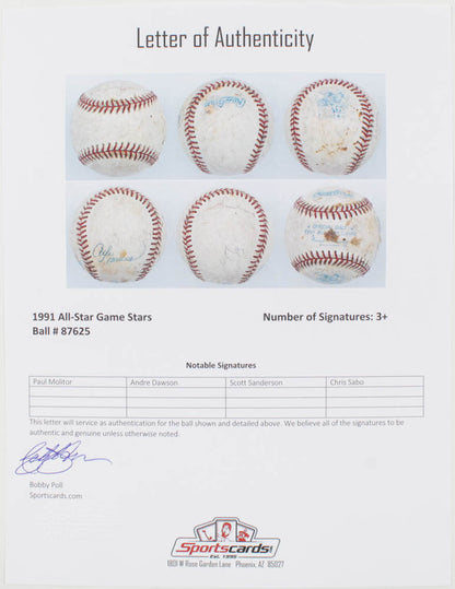 1991 All-Star Game Baseball Signed By (4) With Paul Molitor, Andre Dawson, Scott Sanderson & Chris Sabo