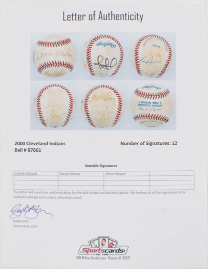 2000 Indians OAL Baseball Signed By (12) With Charlie Manuel, Sandy Alomar, Omar Vizquel