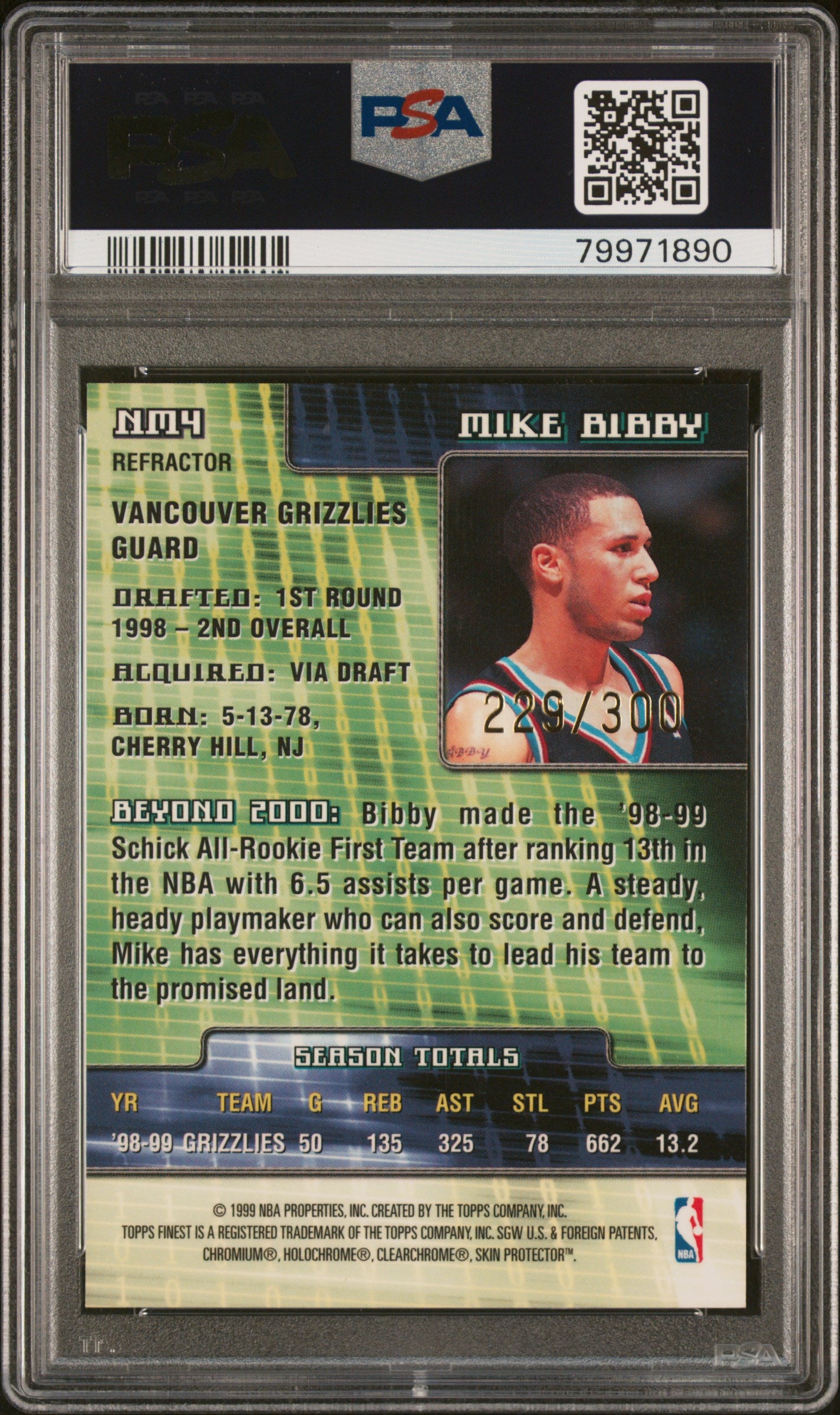 1999-00 Topps Finest * Mike Bibby * #229/300 New Millennium Refractor #NM4 * PSA