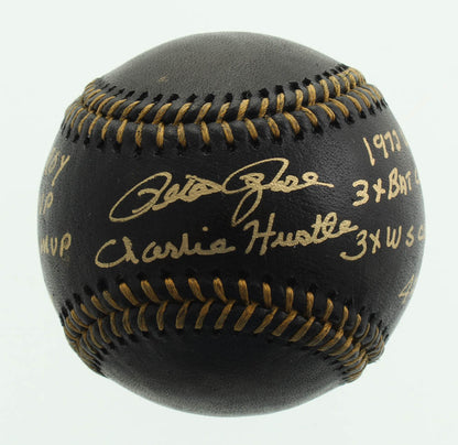 Pete Rose Signed OML Black Leather Baseball * 9 Inscriptions * Fiterman