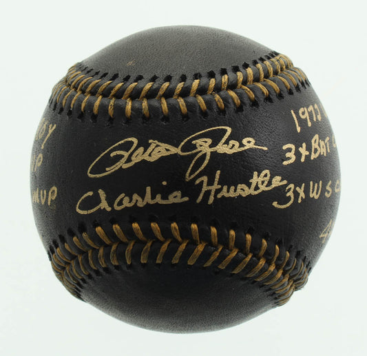 Pete Rose Signed OML Black Leather Baseball * 9 Inscriptions * Fiterman